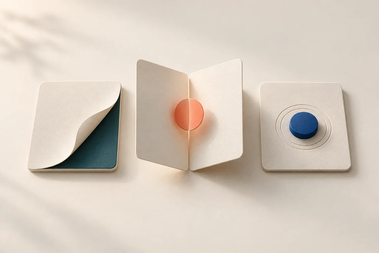 Illustrazione di pannelli in carta: un’apertura centrale, un angolo sollevato e un pulsante con piccoli anelli sonori