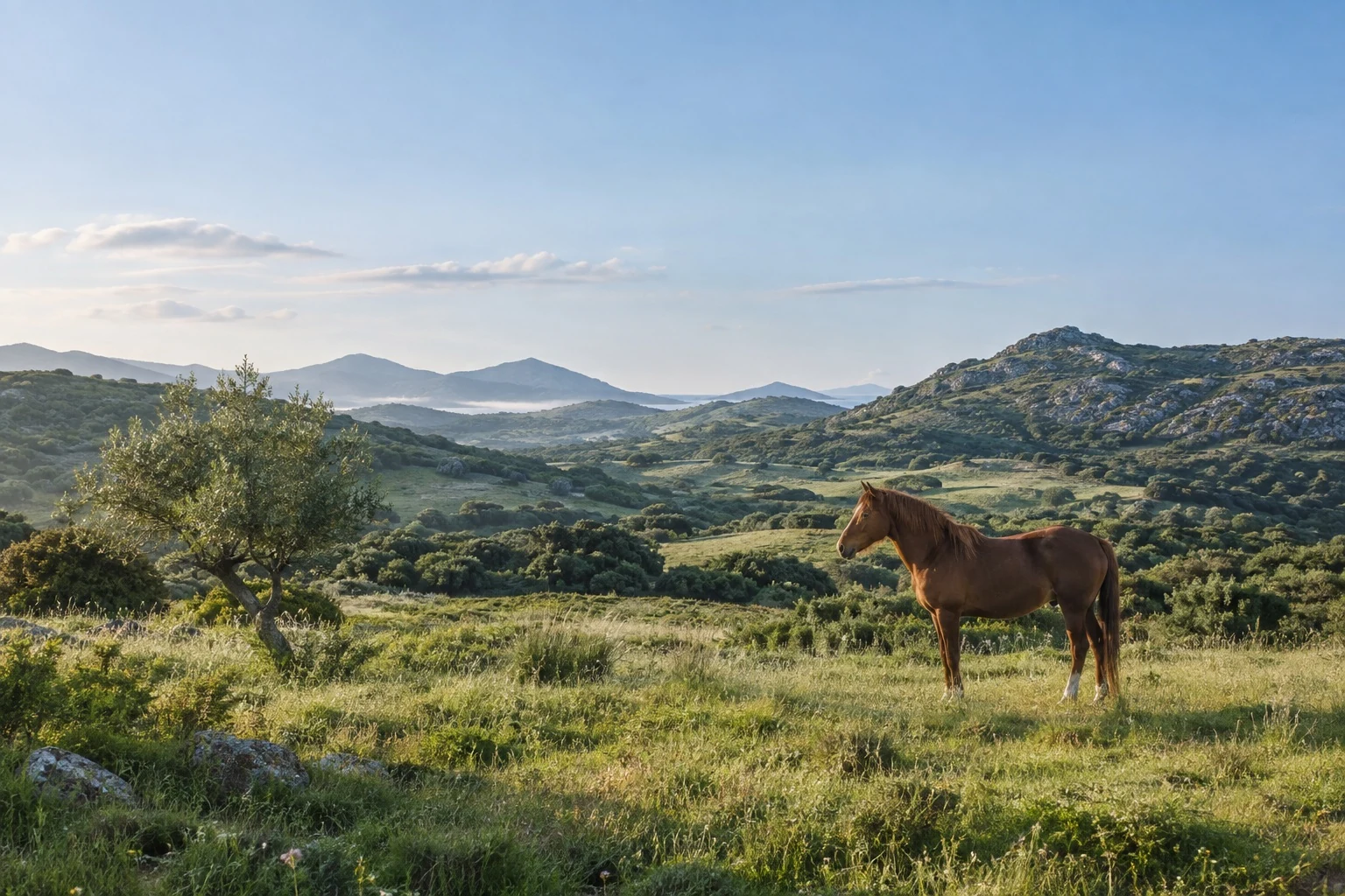 Paesaggio illustrativo con un cavallo e un ulivo nella luce del mattino