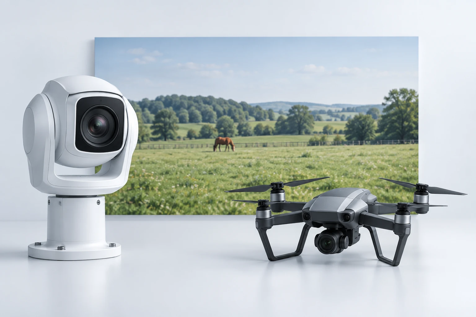 Illustrazione di una telecamera PTZ e un drone davanti a una scena naturale
